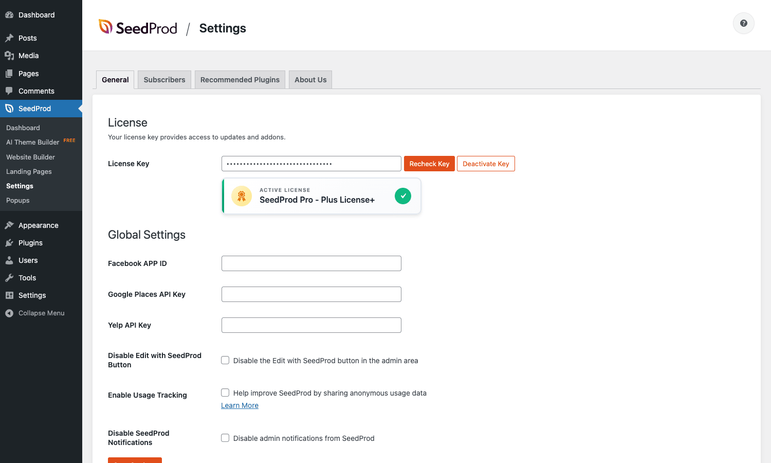 SeedProd Pro Settings with Global Settings panel SeedProd Pro Settings General tab with License, Global Settings, and integration API keys