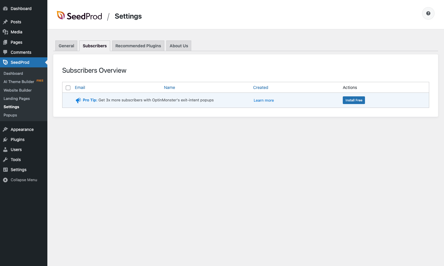 Built-in Subscribers list inside Settings SeedProd Pro Subscribers tab inside Settings with an empty subscriber list