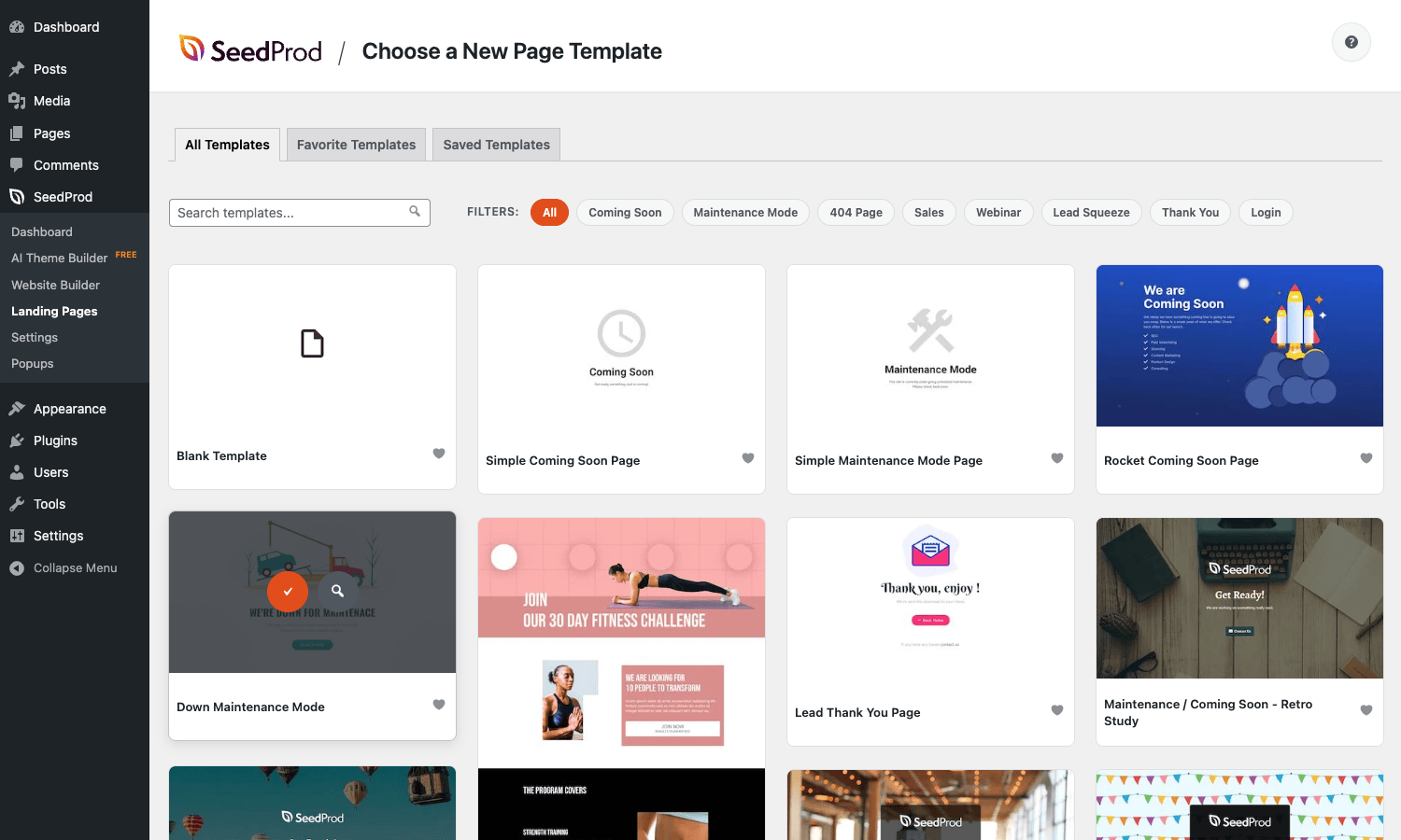 Template library with filters for Coming Soon, Maintenance, 404, Sales, Webinar, Lead Squeeze, Thank You SeedProd Pro template library with 200+ landing page templates filtered by mode