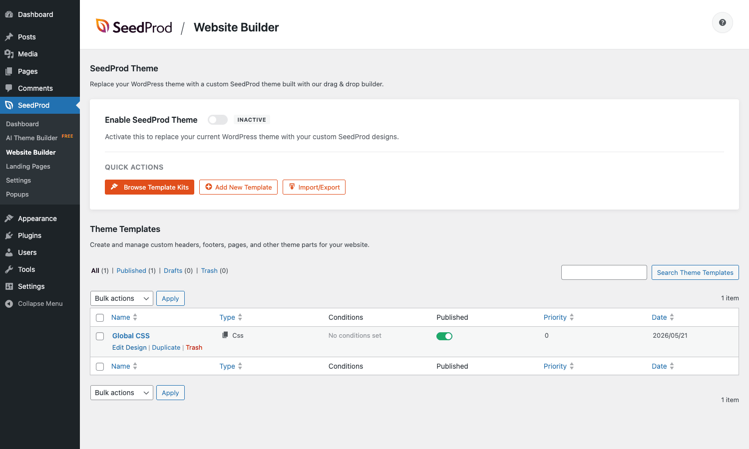 Website Builder with the Enable SeedProd Theme toggle SeedProd Pro Website Builder panel with the Enable SeedProd Theme toggle and theme templates list