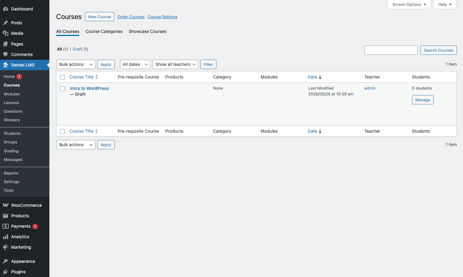 Sensei LMS Courses admin page with sample course Intro to WordPress Sensei LMS Courses list page