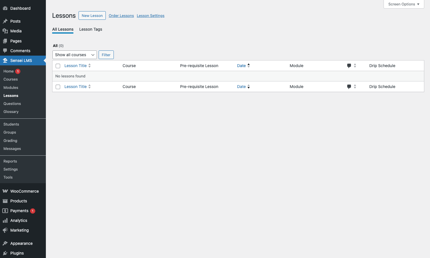 Sensei Lessons admin page with table for Lesson Title, Course, Pre-requisite Lesson, Date, Module, Drip Schedule Sensei Lessons list page