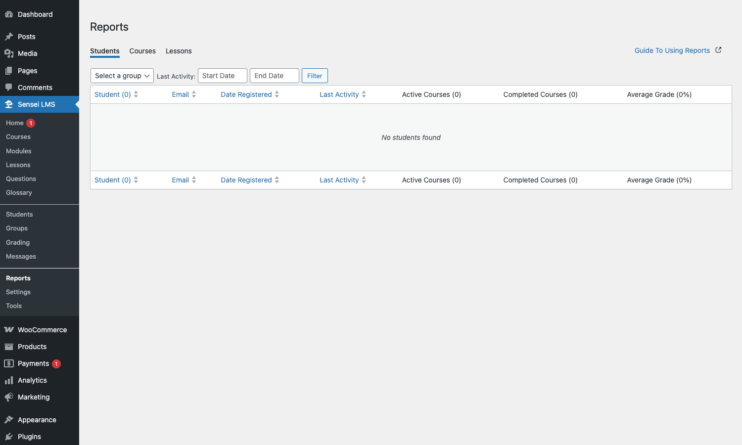 Sensei Reports tab with Students view, columns for Student, Email, Date Registered, Last Activity, Active/Completed Courses, Average Grade Sensei LMS Reports Students view