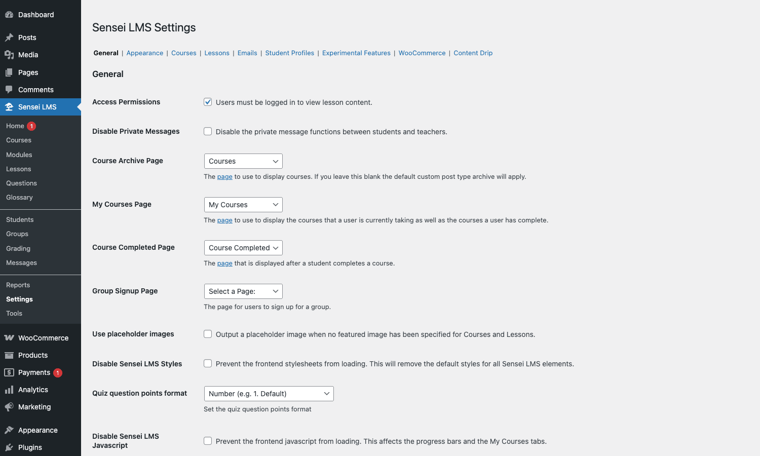 Sensei LMS Settings page on the General tab with Access Permissions, Course Archive Page, My Courses Page settings Sensei LMS Settings General tab