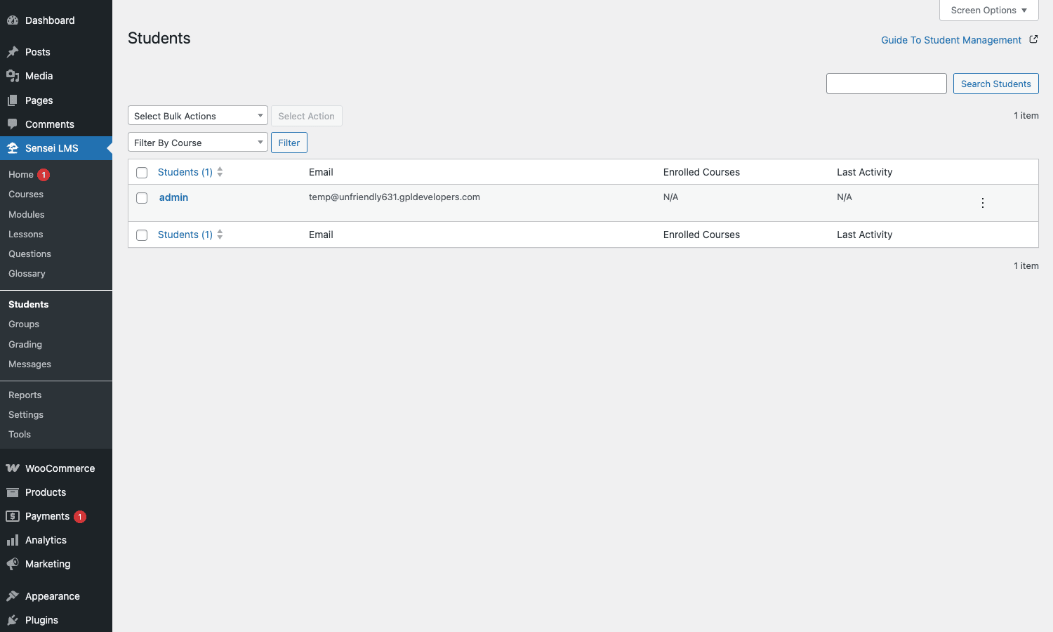 Sensei Students admin showing one student admin with email and enrollment fields Sensei Students admin page with one student listed