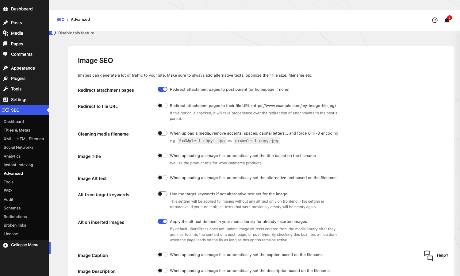SEOPress Advanced settings SEOPress Advanced settings with image SEO and indexing options