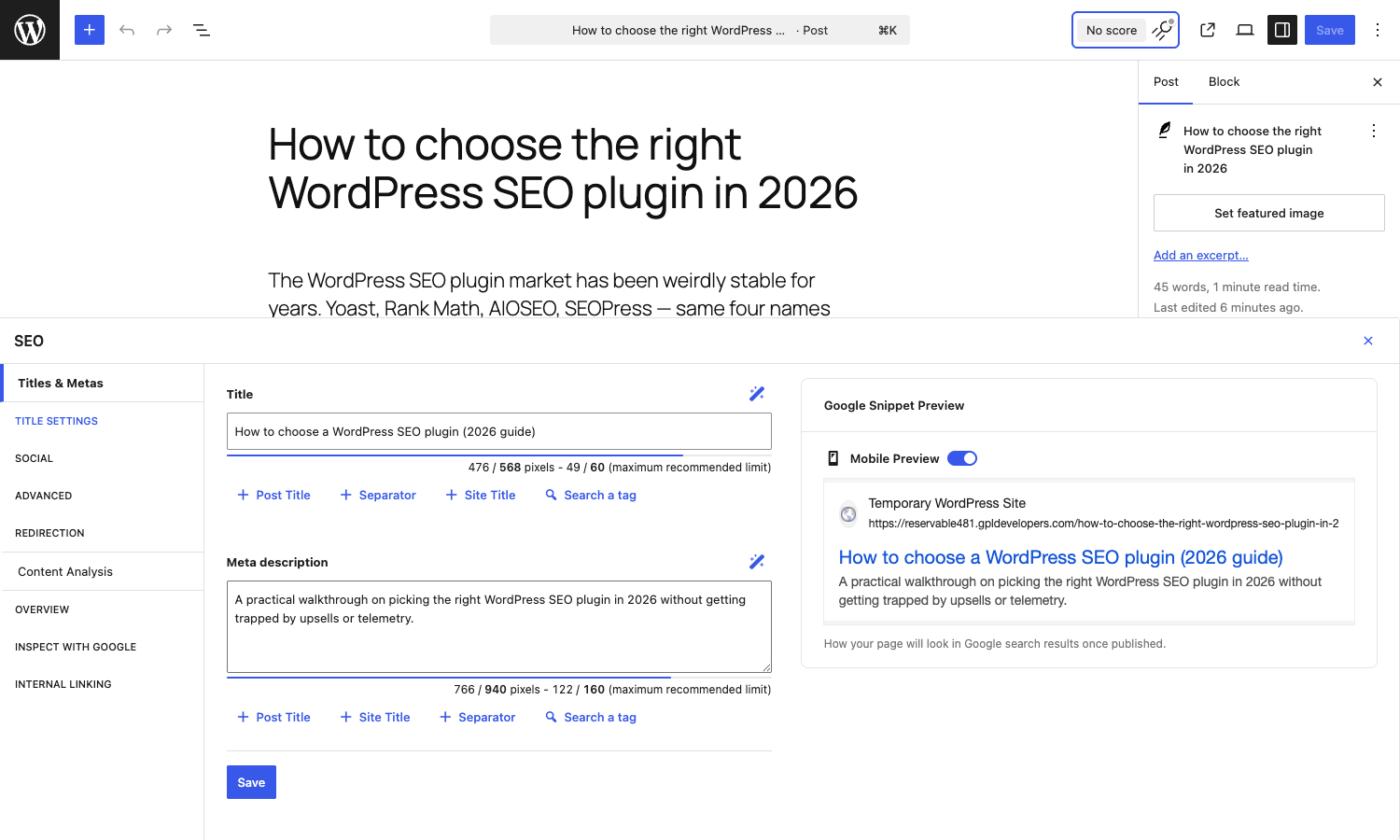 SEOPress per-post SEO meta box SEOPress meta box open in the Gutenberg editor with title, meta description, and Google snippet preview