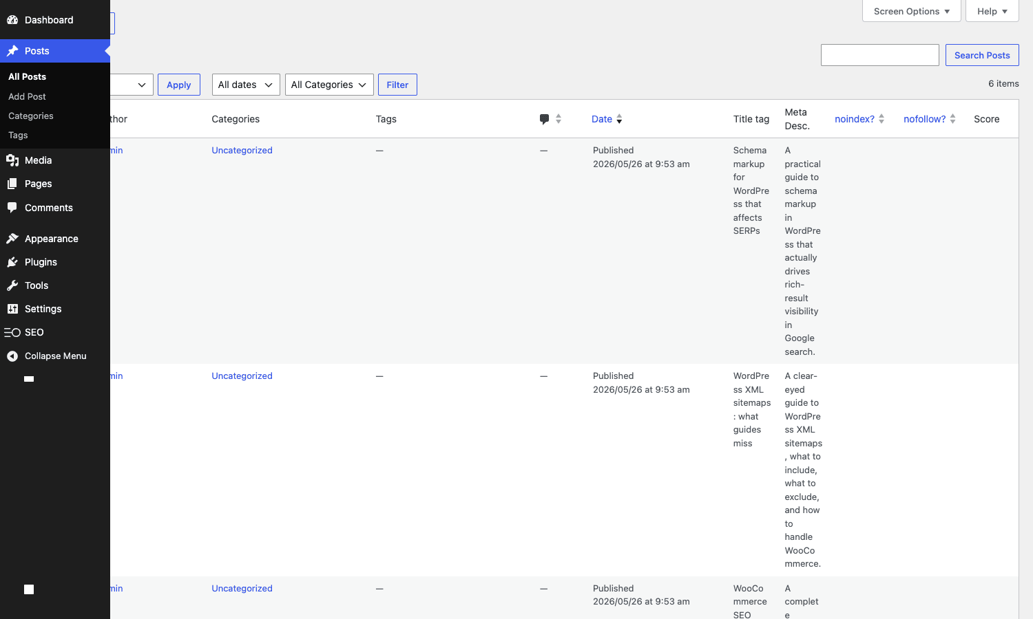 Post list with SEOPress SEO columns Post list with SEOPress columns: Title tag, Meta Desc, noindex, nofollow, Score