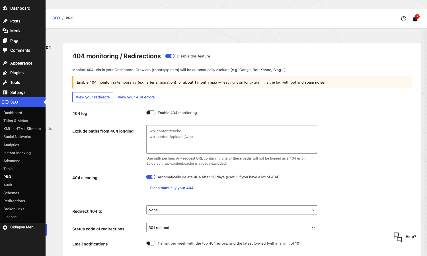 SEOPress PRO 404 monitoring SEOPress PRO settings with 404 monitoring and redirections configured