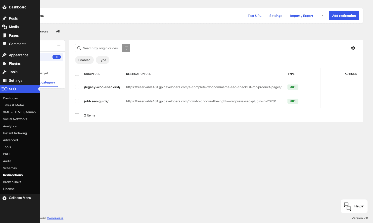 SEOPress redirections SEOPress redirections list with two 301 redirects configured
