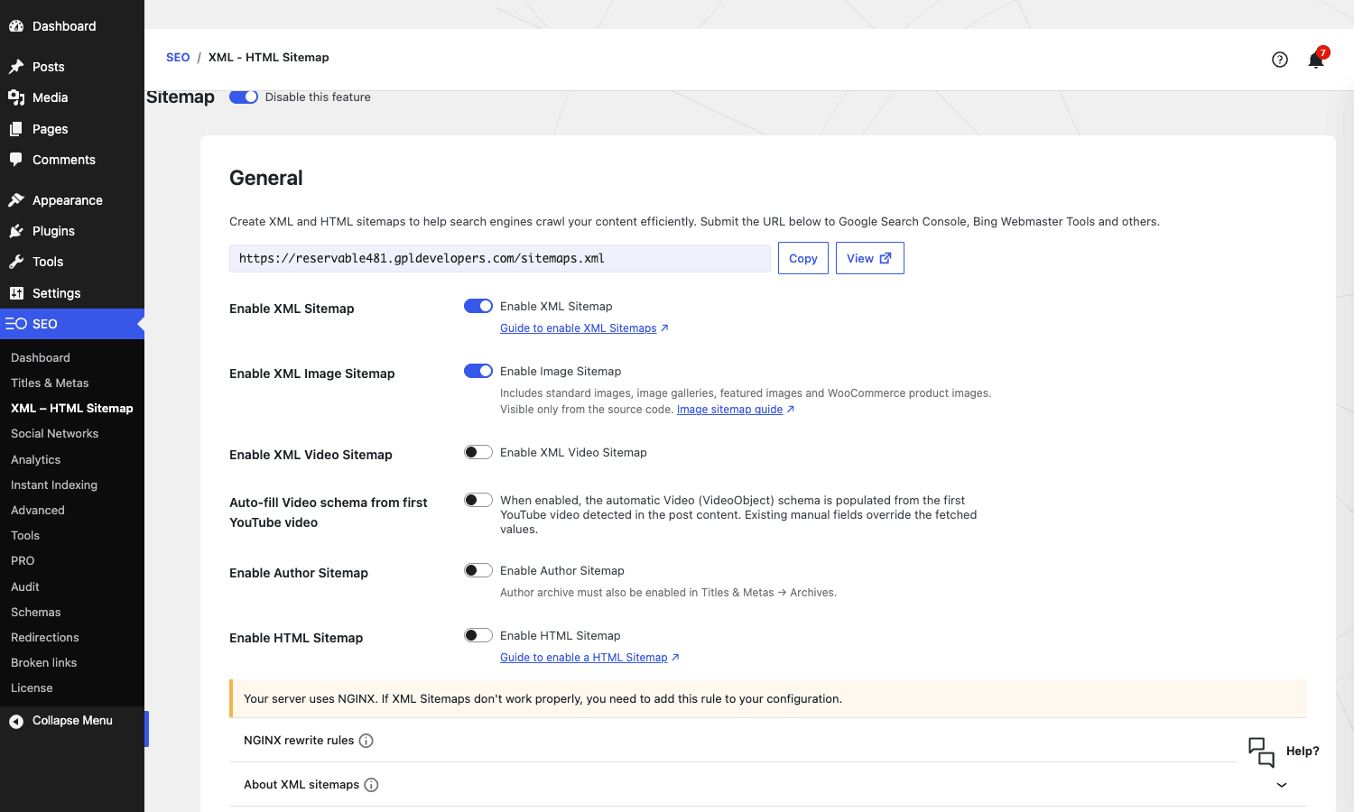 SEOPress XML sitemap SEOPress XML sitemap admin with sub-sitemap toggles per post type