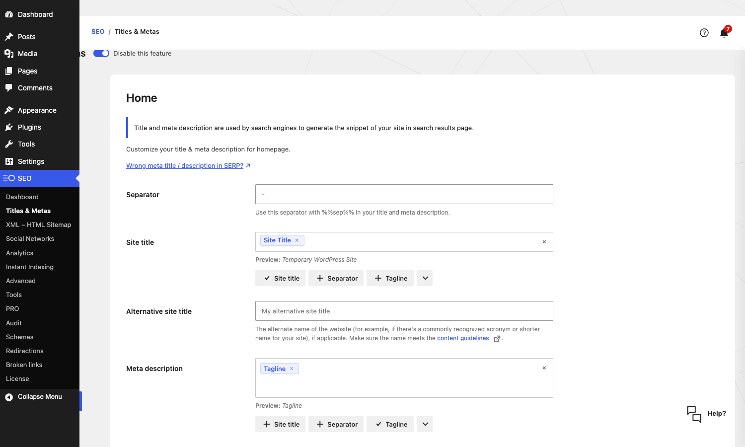 SEOPress Titles & Metas templates SEOPress Titles and Metas admin with site-wide template rules visible