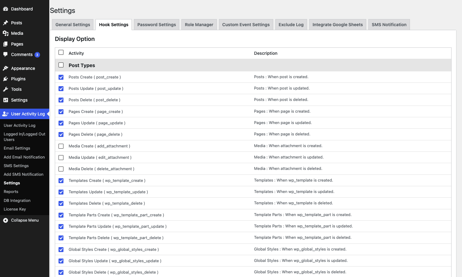 User Activity Log Pro settings panel Settings page showing event type checkboxes and retention configuration