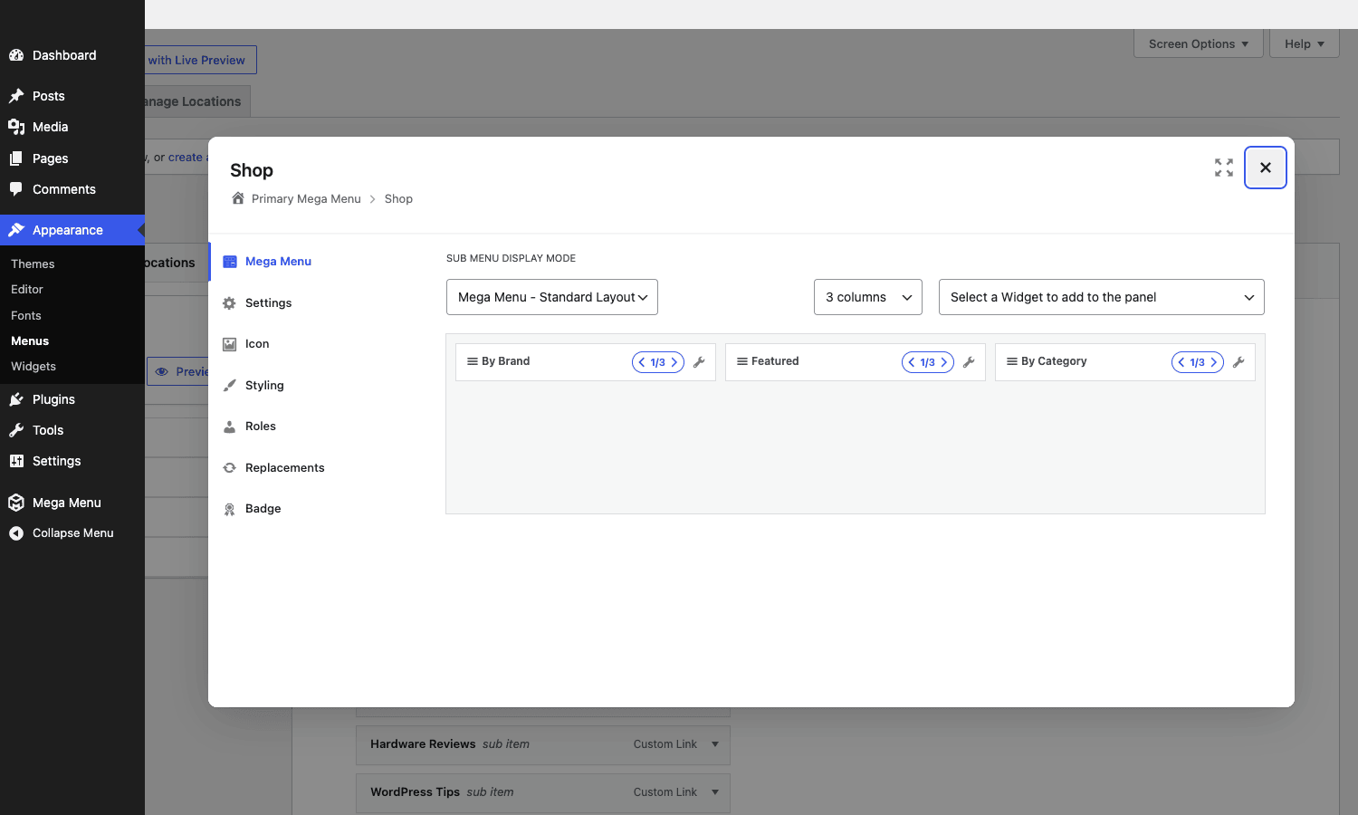 Per-item Mega Menu modal Max Mega Menu per-item modal showing the 3-column standard layout