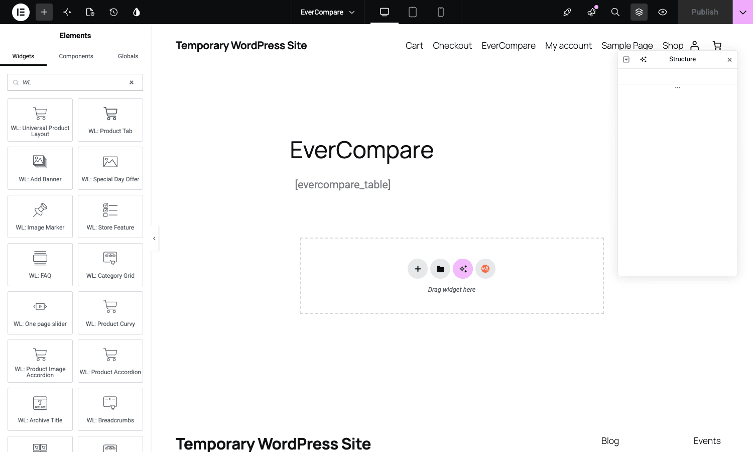ShopLentor widgets inside Elementor ShopLentor WL widgets visible in Elementor editor panel filtered by WL search term