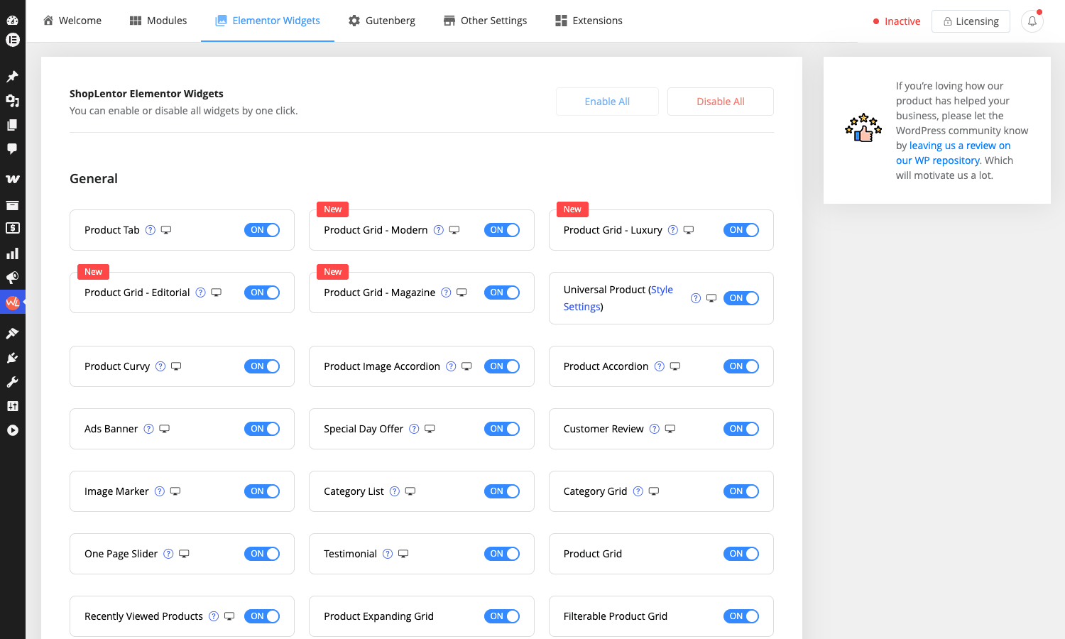 ShopLentor Elementor widget toggle list ShopLentor Elementor widget toggle list grouped by General, Shop, Single Product, Cart, Checkout, My Account, Thank You
