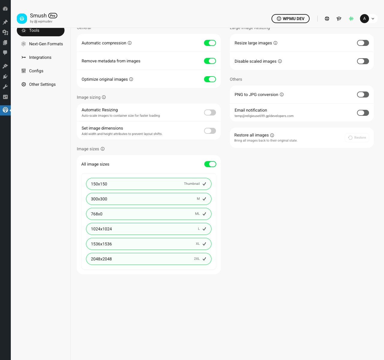 Smush Pro Settings Smush Pro Settings showing General section with Automatic compression ON, Remove metadata ON, Optimize original images ON, plus Image sizing toggles for Automatic Resizing and Set image dimensions, Image sizes section listing 150x150 Thumbnail, 300x300, 768x0, 1024x1024, 1536x1536, 2048x2048 all toggled on, and Large Image Resizing section on the right