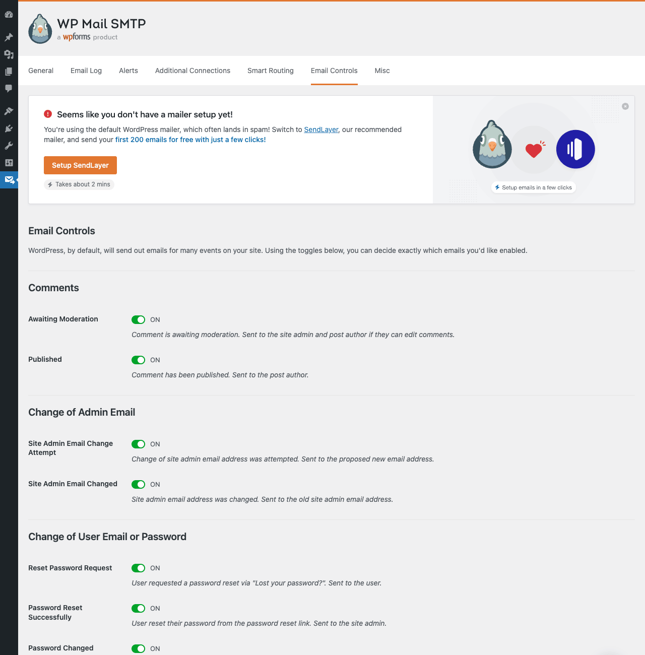 Email Controls Email Controls tab listing every WordPress core email type with on/off toggles: Awaiting Moderation, Published, Site Admin Email Change Attempt, Site Admin Email Changed, Reset Password Request, Password Reset Successfully, Password Changed, plus many more grouped by category