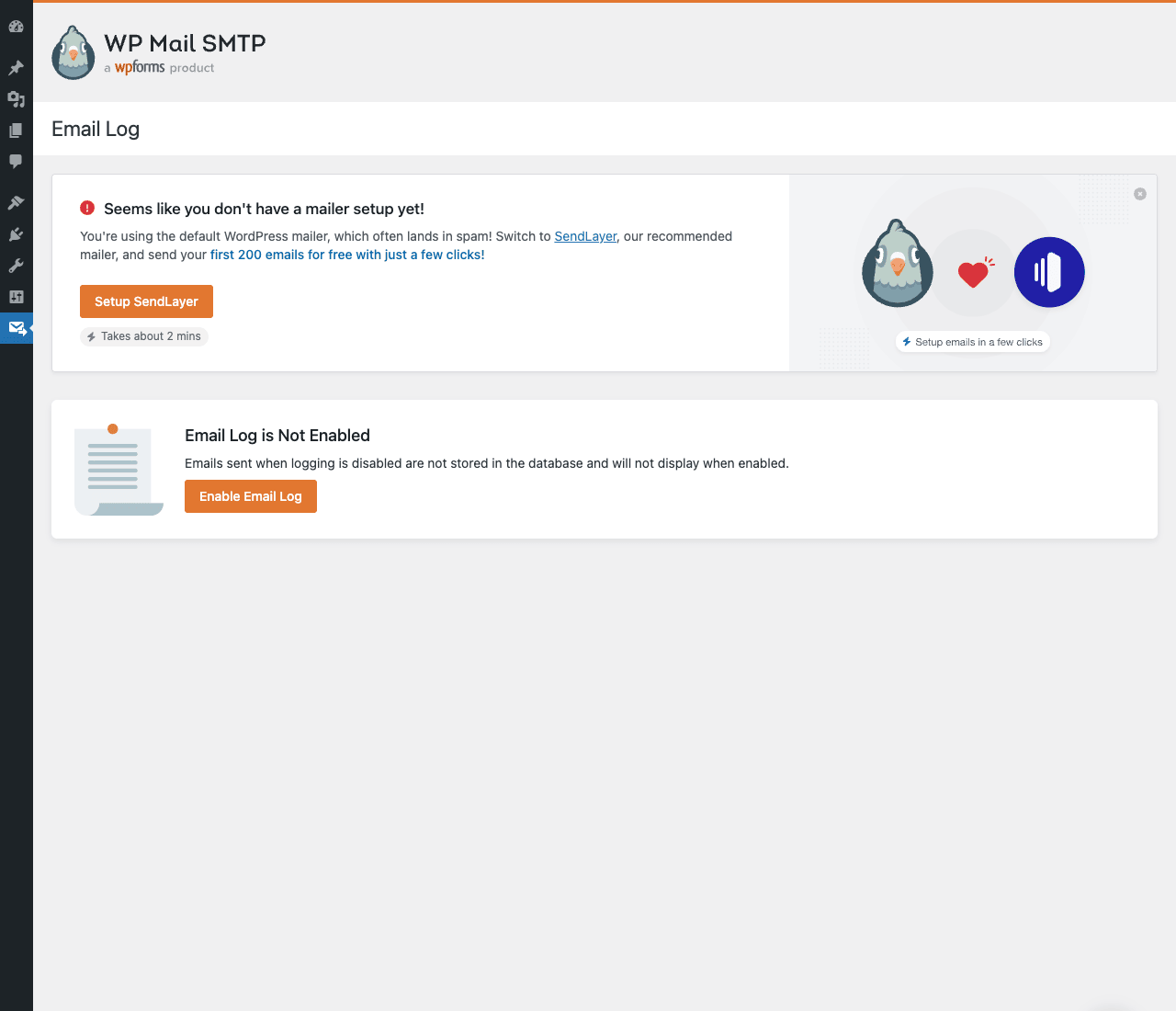 WP Mail SMTP Email Log Email Log page showing "Email Log is Not Enabled" with an Enable Email Log button, plus the WP Mail SMTP banner reminding to set up a mailer