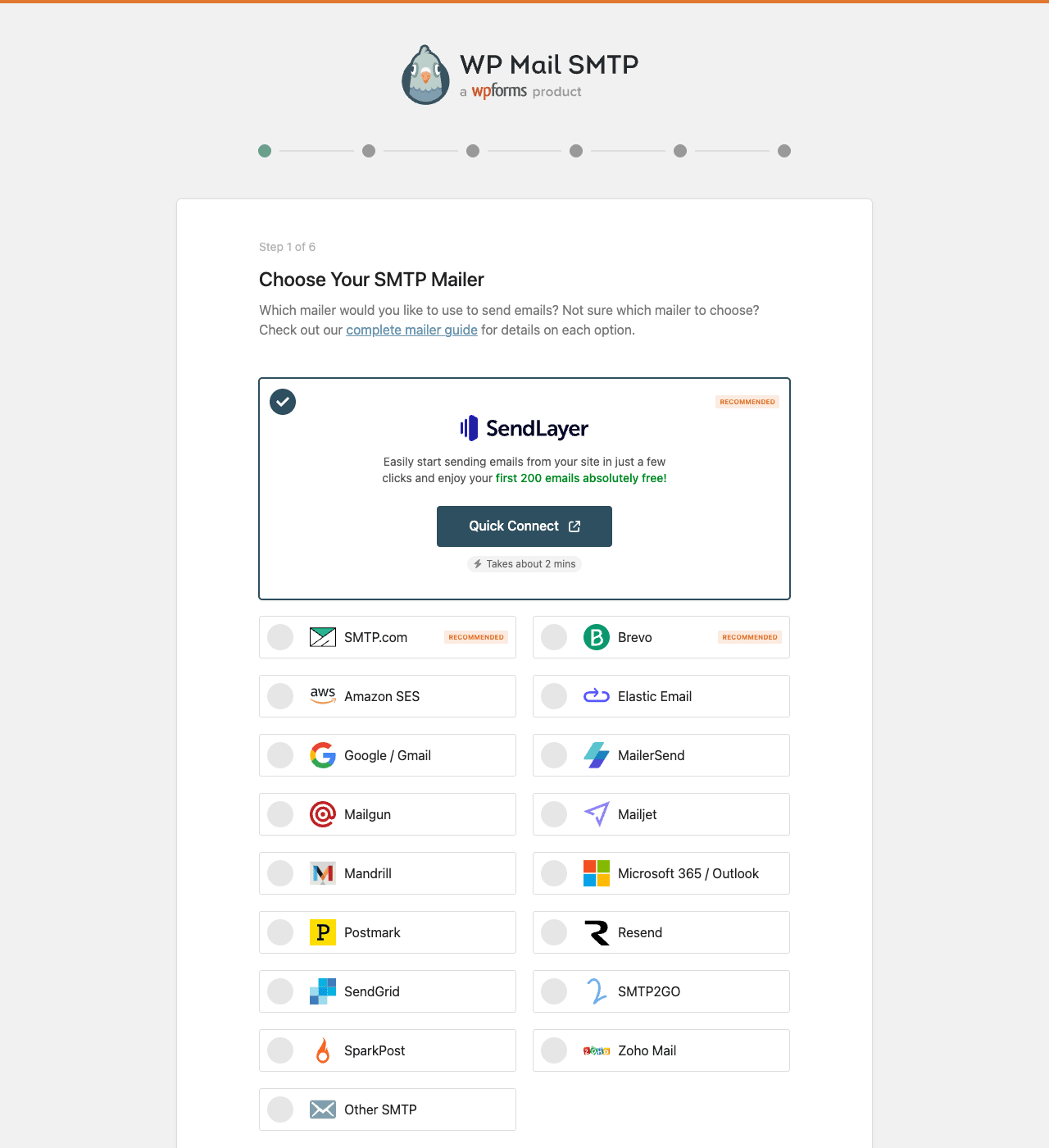 Mailer selection in WP Mail SMTP Mailer selection screen showing SendLayer (recommended) at the top, plus 17 other providers including SMTP.com, Brevo, Amazon SES, Gmail, Outlook, Mailgun, SendGrid, Postmark, Resend, SparkPost, Zoho, Mandrill, MailerSend, Mailjet, Elastic Email, SMTP2GO, and Other SMTP