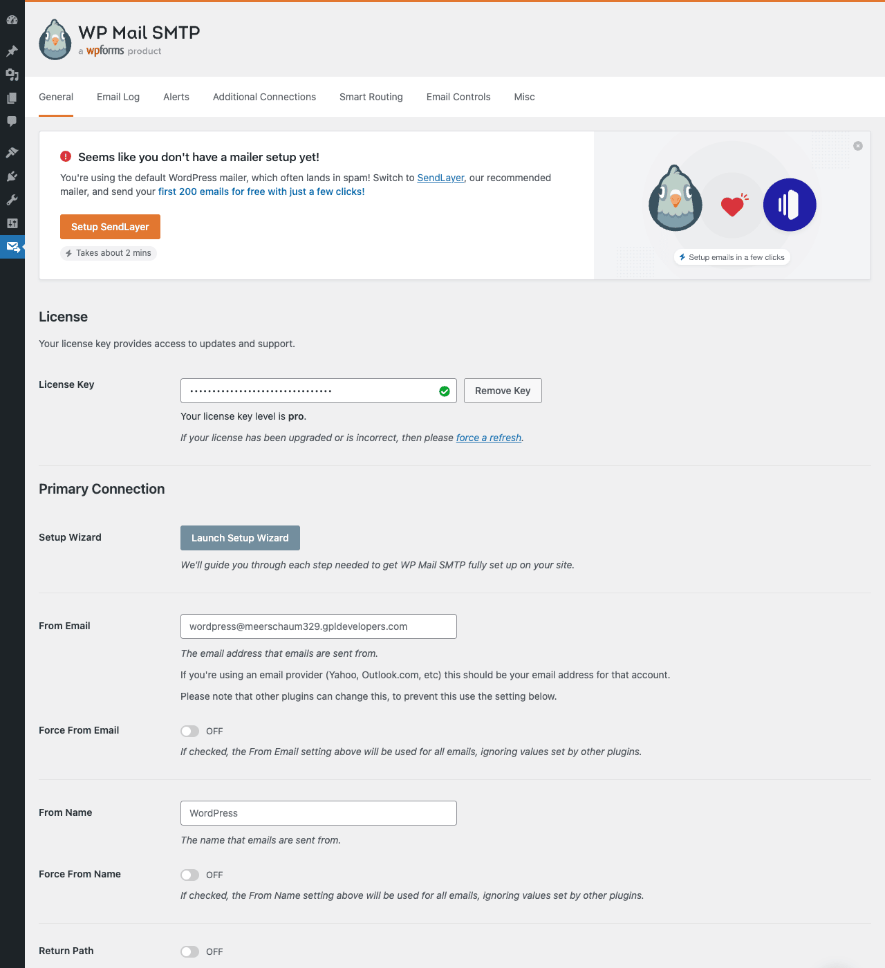 WP Mail SMTP main settings WP Mail SMTP General settings tab showing license key, Setup Wizard launcher, From Email override, From Name override, Force From Email toggle, Force From Name toggle, and tab nav including Email Log, Alerts, Additional Connections, Smart Routing, Email Controls, Misc