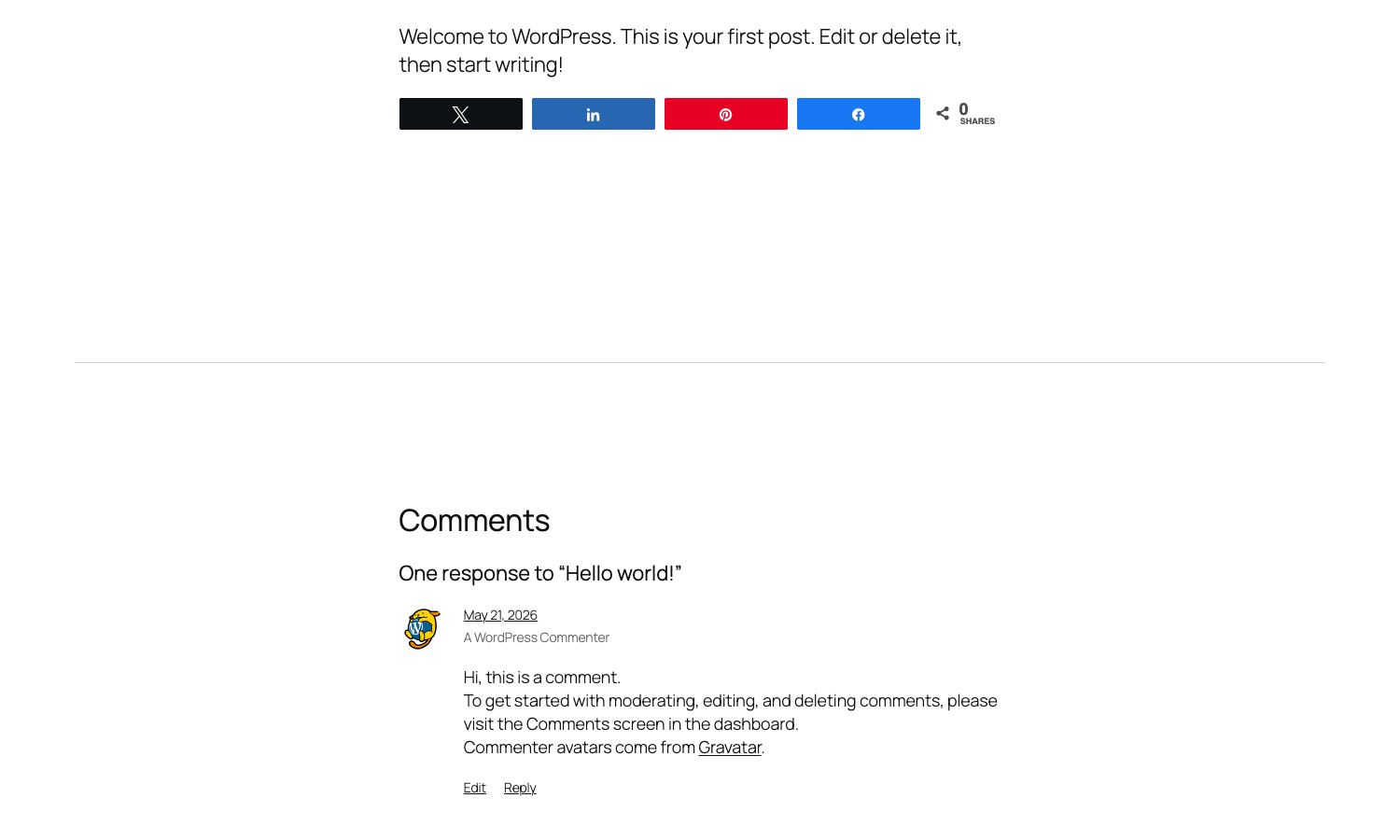 Share buttons on a real post Front-end view of a WordPress post with the Social Warfare share button row (X, LinkedIn, Pinterest, Facebook) rendered below the post title and content, showing a 0-shares total counter on a clean white background