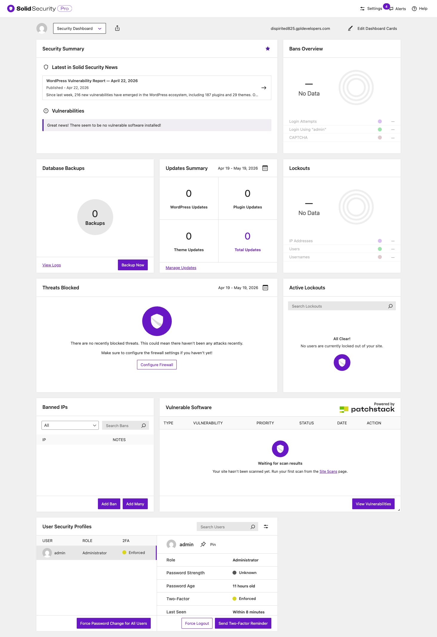 Solid Security Pro dashboard Solid Security Pro dashboard with Security Summary, Vulnerabilities, Bans, Database Backups, Threats Blocked, Active Lockouts, Banned IPs, Vulnerable Software, and User Security Profiles cards