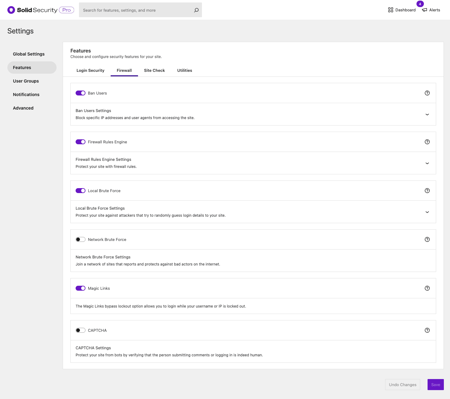 Solid Security Pro Firewall features Solid Security Pro Firewall features showing Ban Users, Firewall Rules Engine, Local Brute Force, Network Brute Force, Magic Links, and CAPTCHA toggles