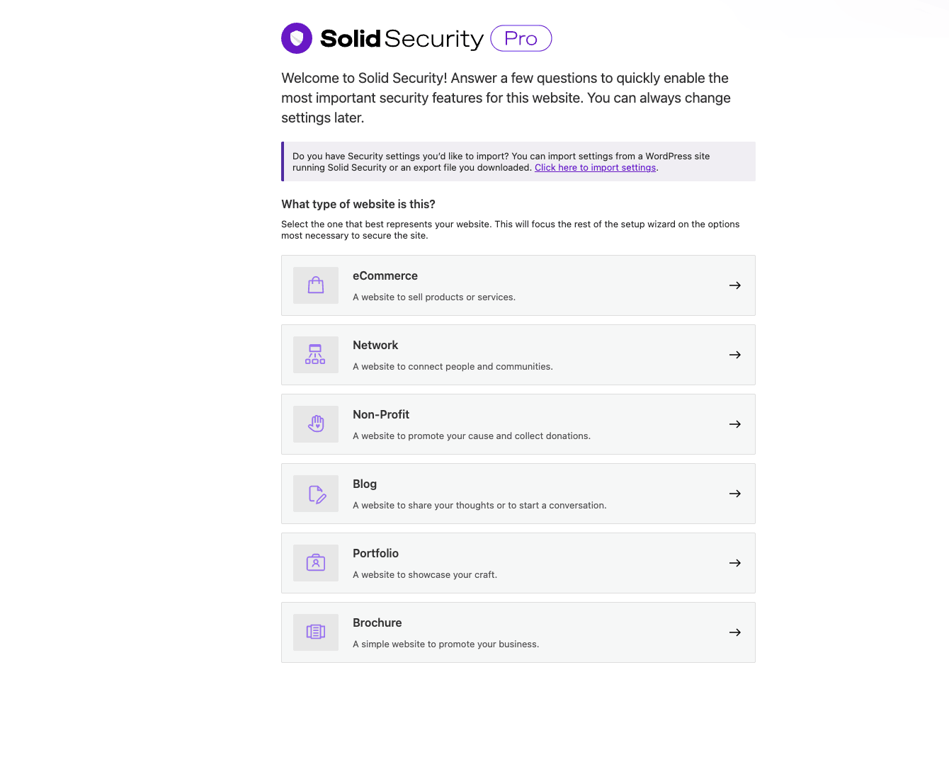 Solid Security Pro onboarding wizard Solid Security Pro onboarding wizard asking what type of website you're building