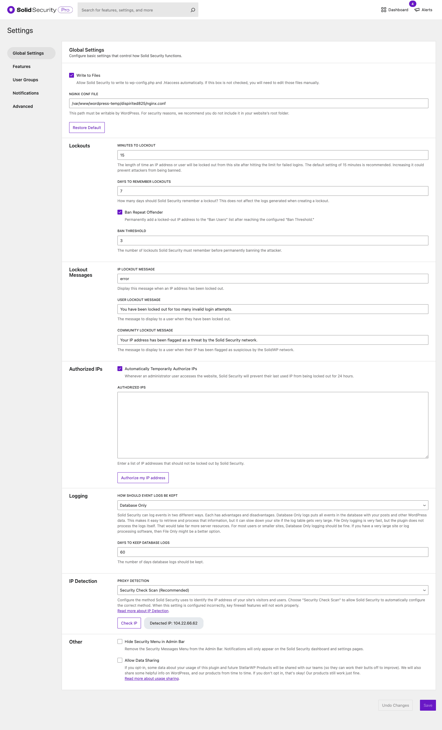 Solid Security Pro global settings Solid Security Pro global settings page with Write to Files, Lockouts, Authorized IPs, Logging, IP Detection, and Proxy Detection sections