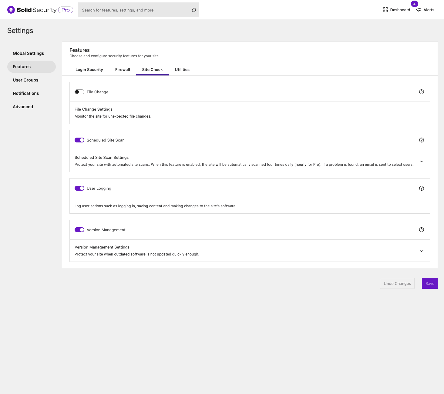 Solid Security Pro Site Check features Solid Security Pro Site Check features with File Change, Scheduled Site Scan, User Logging, and Version Management toggles