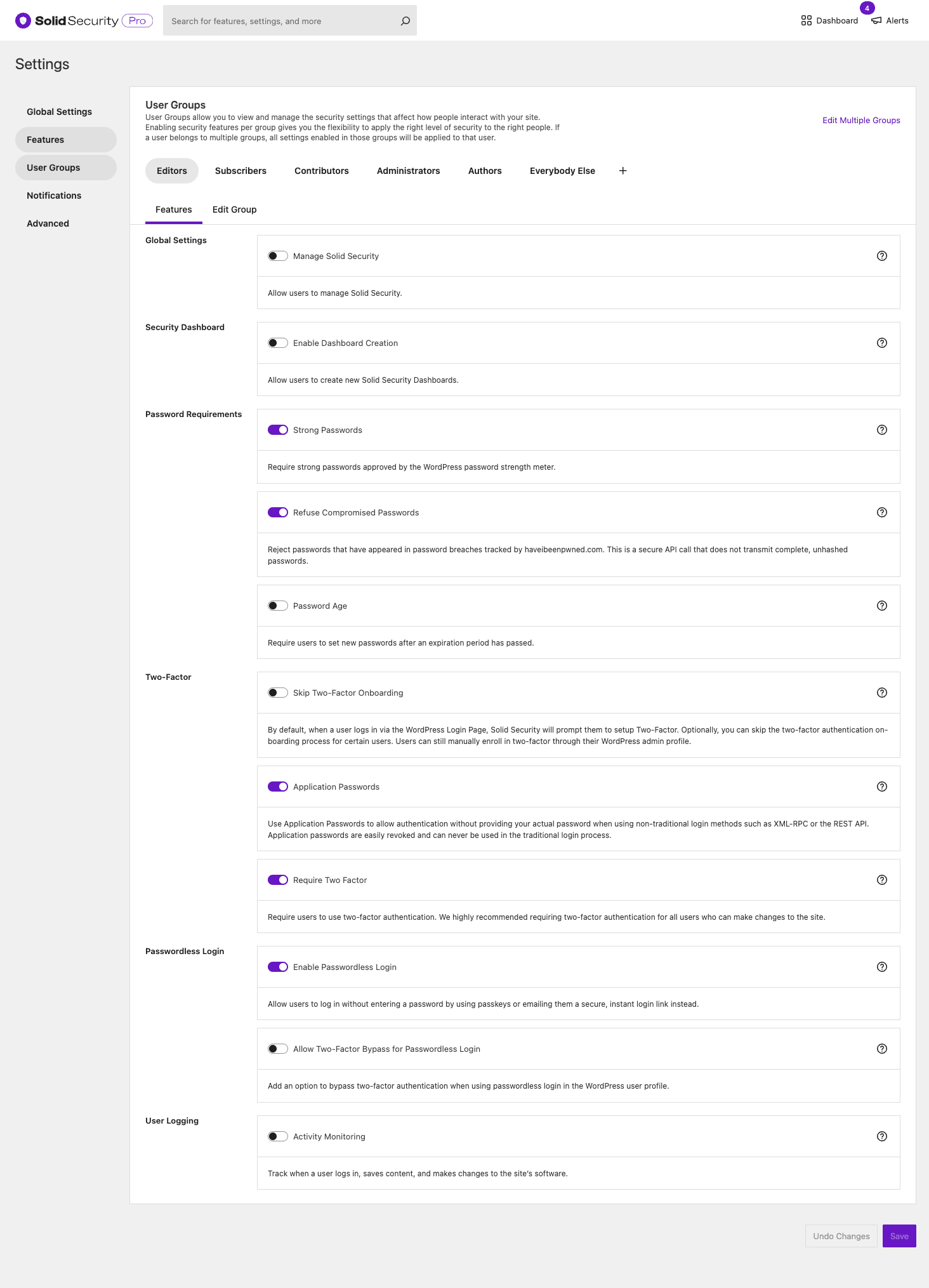 Solid Security Pro User Groups Solid Security Pro User Groups with role-based settings for Password Requirements, Two-Factor, Passwordless Login, and User Logging