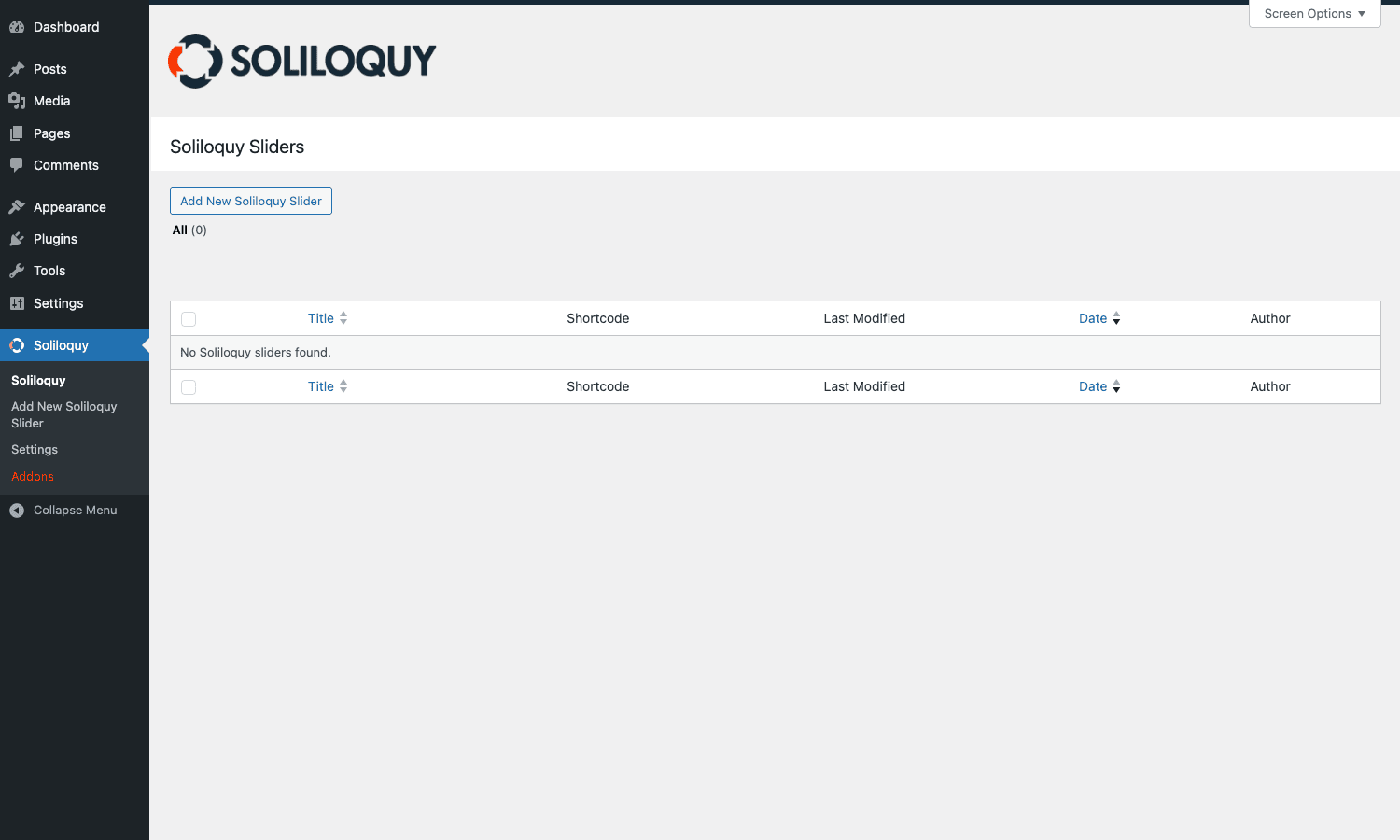 Soliloquy Sliders list table in WordPress admin Empty Soliloquy slider list with the Add New button visible above an empty results table