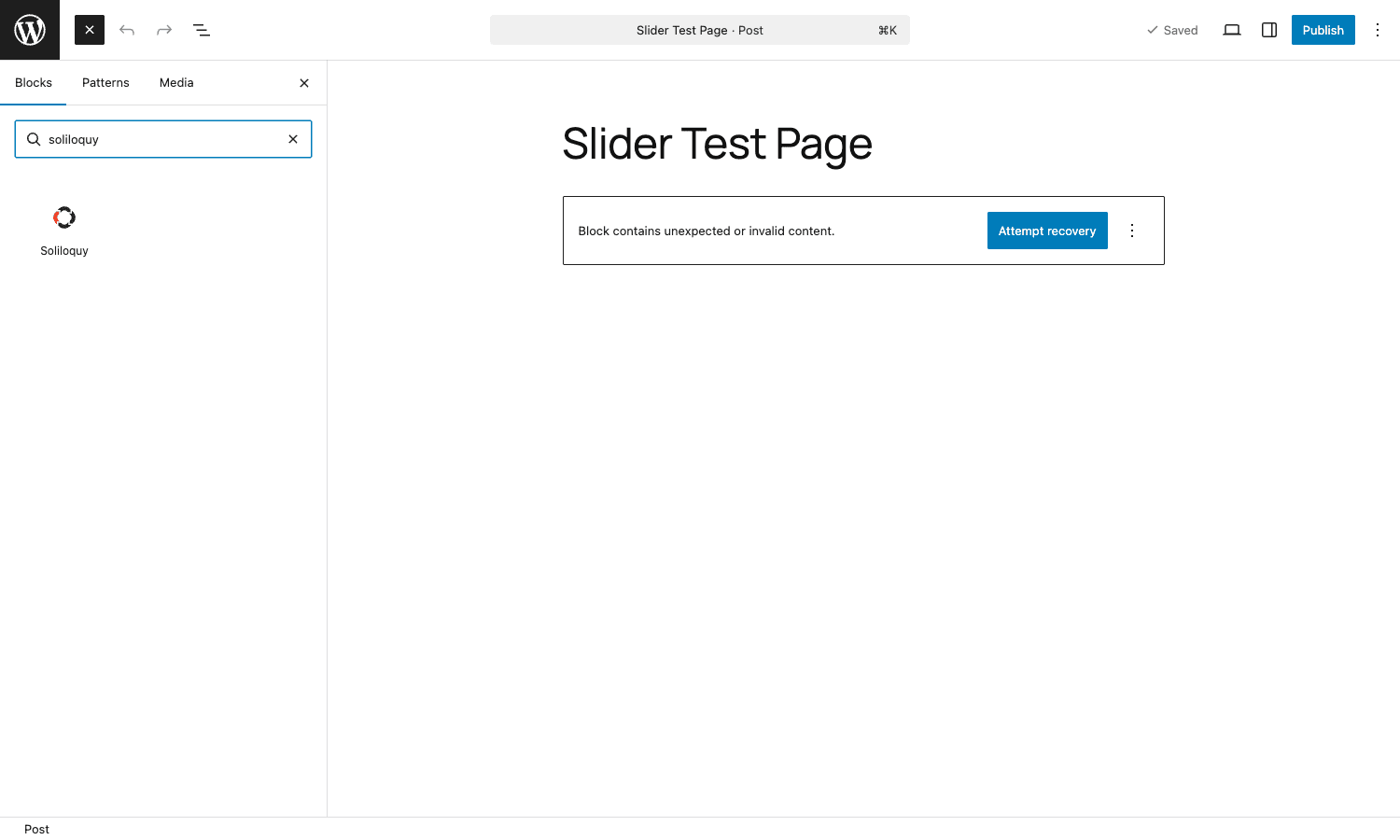 Soliloquy Gutenberg block in the inserter Block inserter in the WordPress Gutenberg editor showing the Soliloquy block as a search result