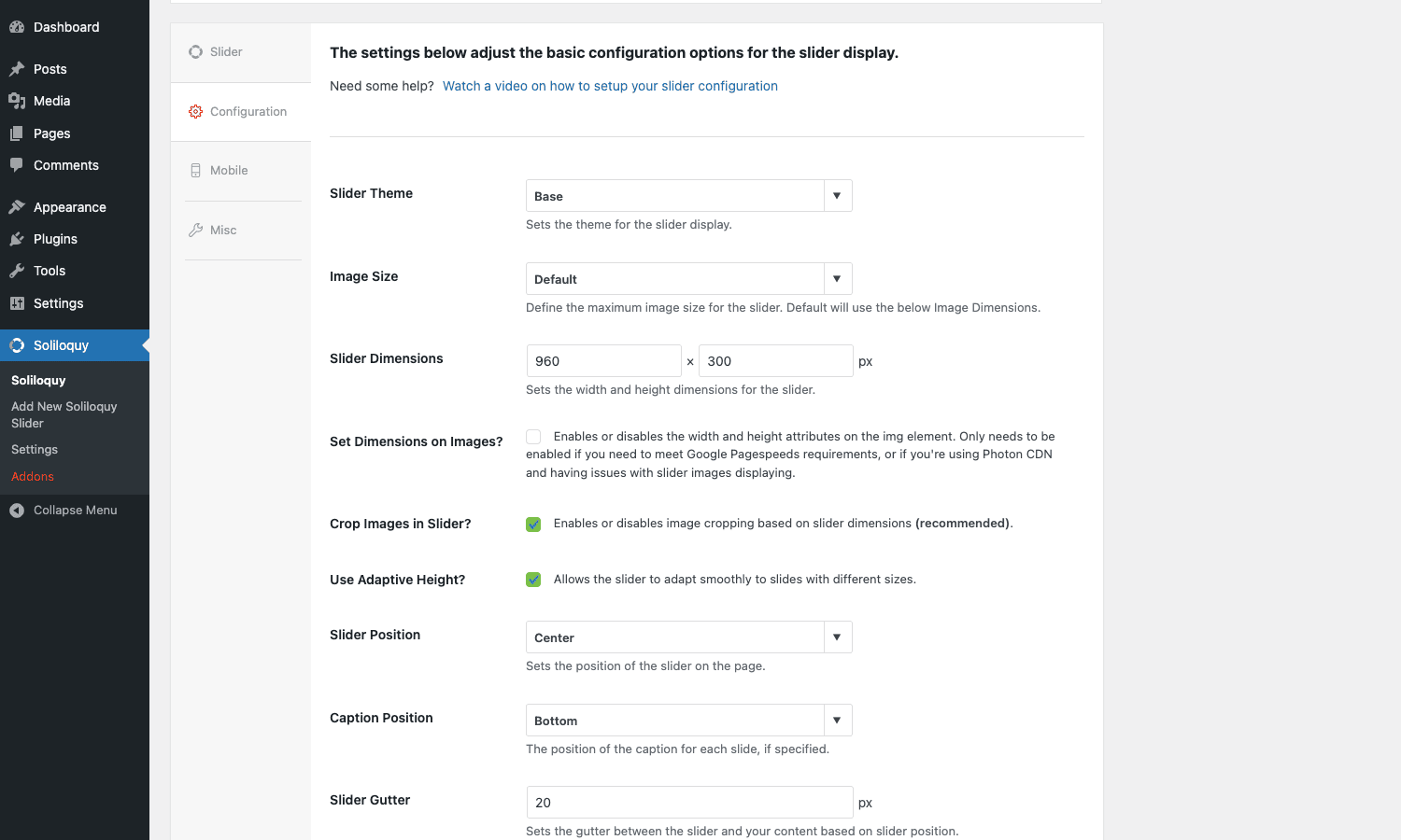Soliloquy Configuration tab settings Soliloquy Configuration tab showing Slider Theme, Image Size, Slider Dimensions, Crop Images, Adaptive Height, and Slider Position settings