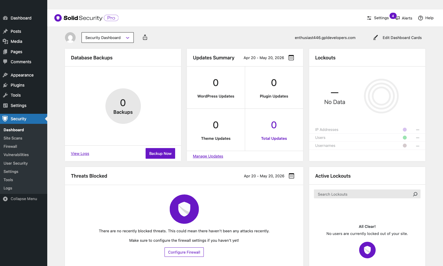 Solid Security Pro Dashboard showing Database Backups, Updates Summary, Lockouts, Threats Blocked, and Active Lockouts cards Solid Security Pro Security Dashboard with Database Backups, Updates Summary, Lockouts, Threats Blocked, Active Lockouts