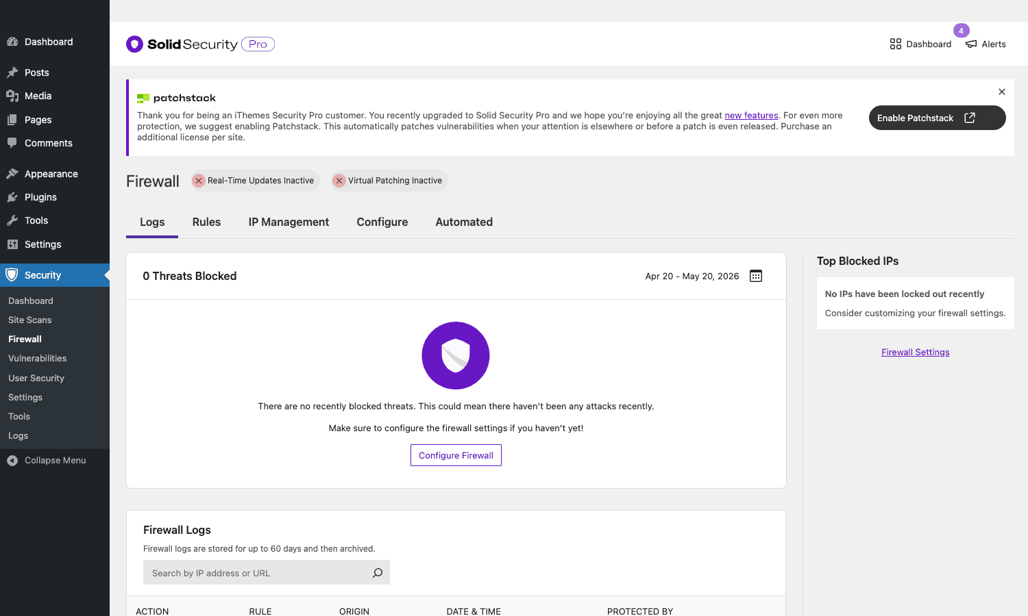 Solid Security Pro Firewall view with Logs tab active, Top Blocked IPs sidebar, threats counter, and firewall settings tabs Solid Security Pro Firewall page with Logs, Rules, IP Management, Configure, Automated tabs