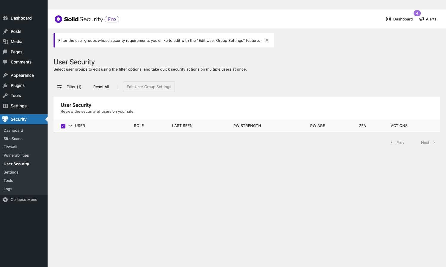 Solid Security Pro User Security admin page showing user activity and session management Solid Security Pro User Security view
