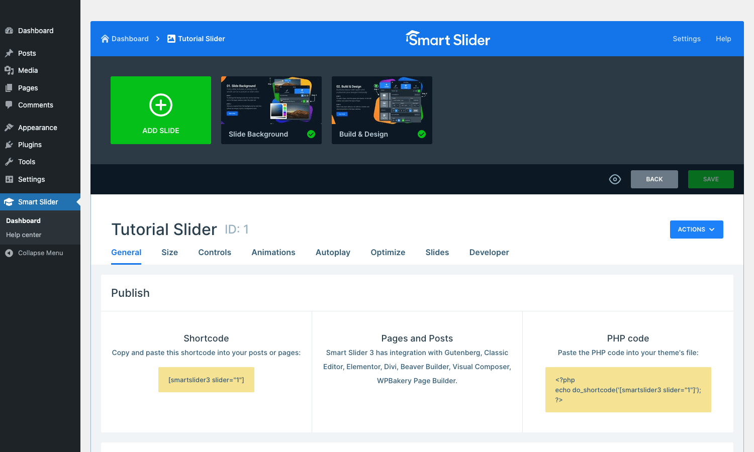 Smart Slider full editor Smart Slider 3 full slider editor with General, Size, Controls tabs and Publish row