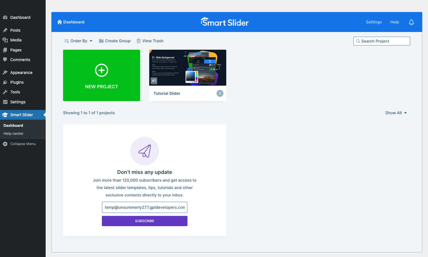 Smart Slider 3 Pro dashboard Smart Slider 3 Pro project dashboard with NEW PROJECT and Tutorial Slider tiles