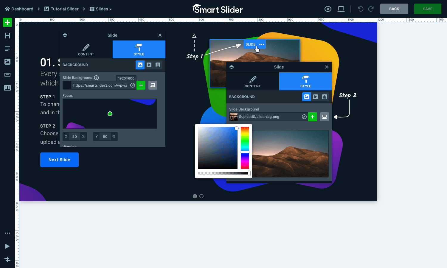 Smart Slider 3 canvas editor Smart Slider 3 canvas editor with layer panel, slide canvas, and color picker