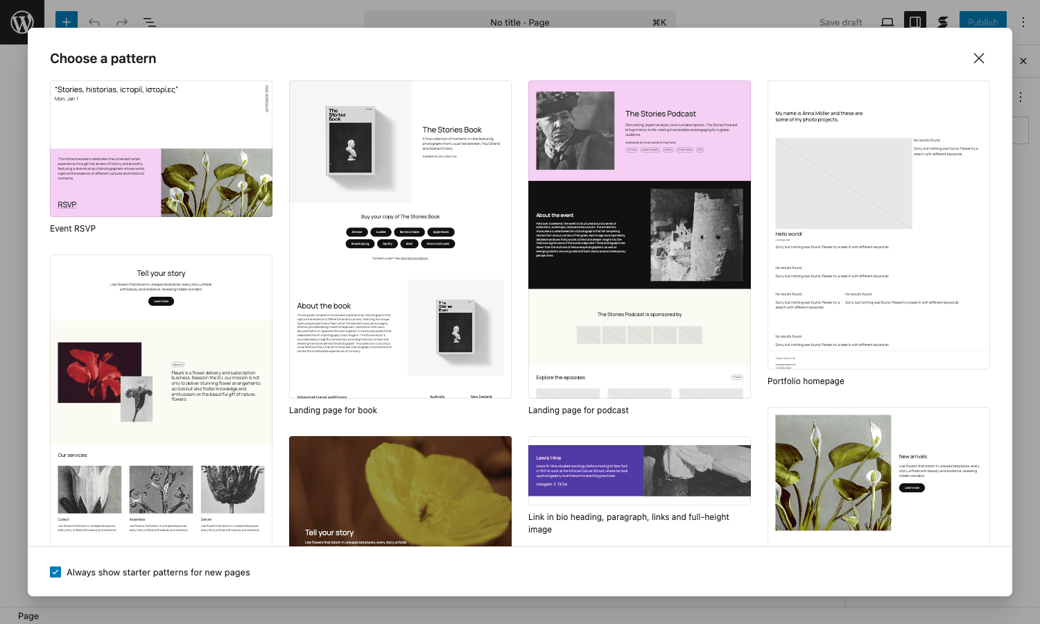 Stackable Design Library pattern picker with hero sections, feature grids, and content layouts