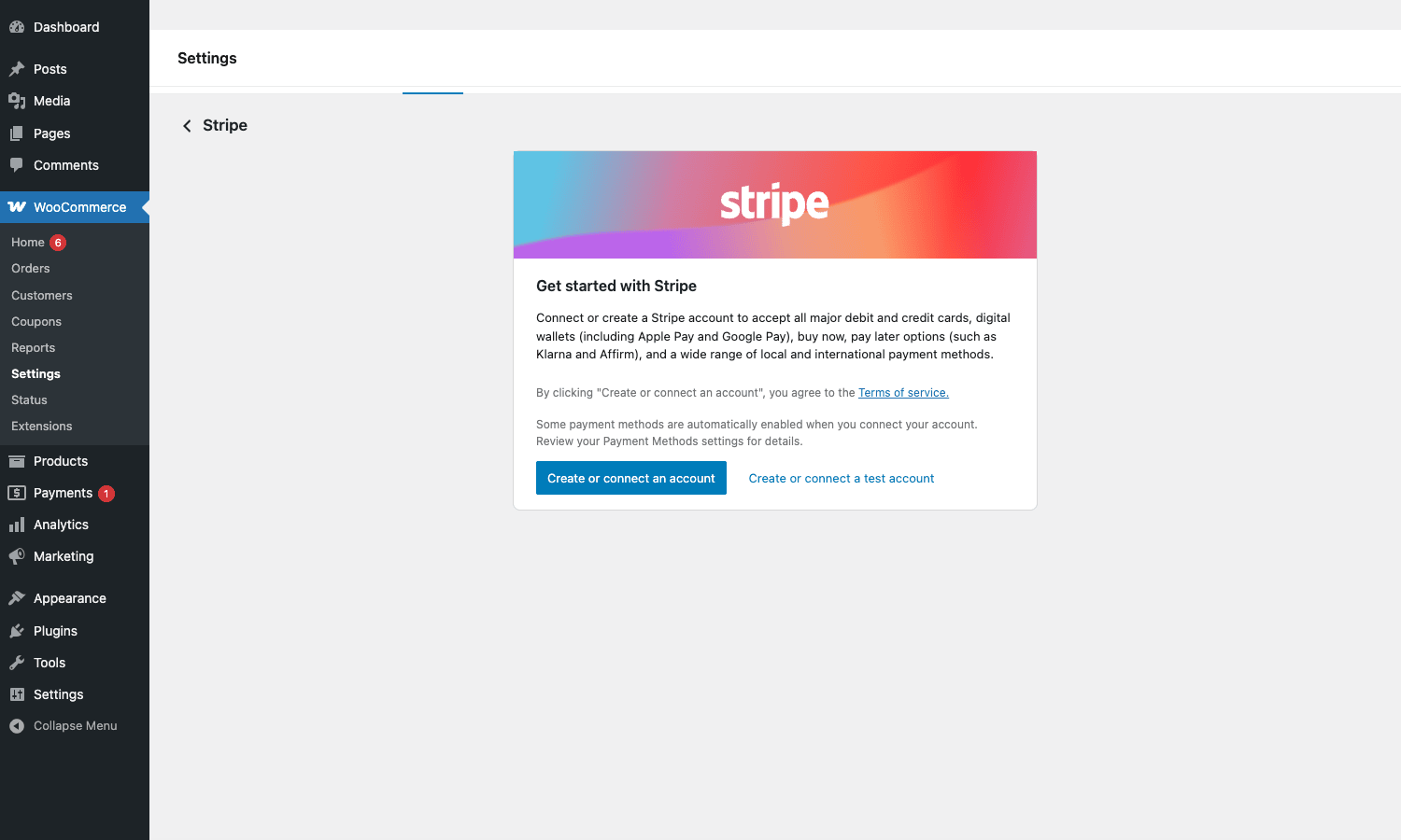 Stripe Get Started panel inside WooCommerce settings Stripe Get Started screen prompting OAuth connect