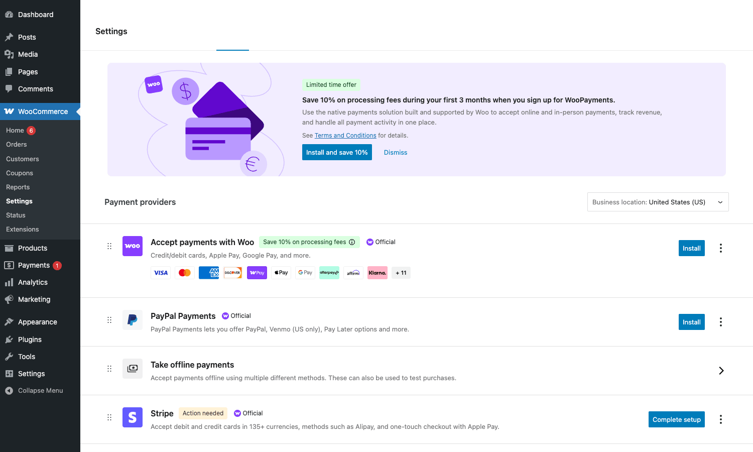 WooCommerce Settings Payments tab showing Stripe and other gateways WooCommerce Payments tab with the Stripe provider in the list