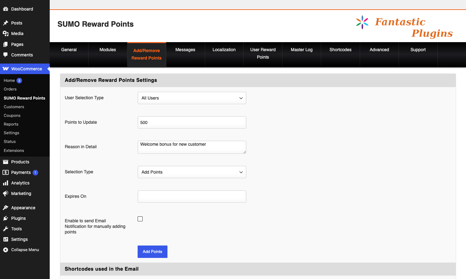 SUMO manual credit form SUMO Reward Points add/remove form for manually crediting customer balances
