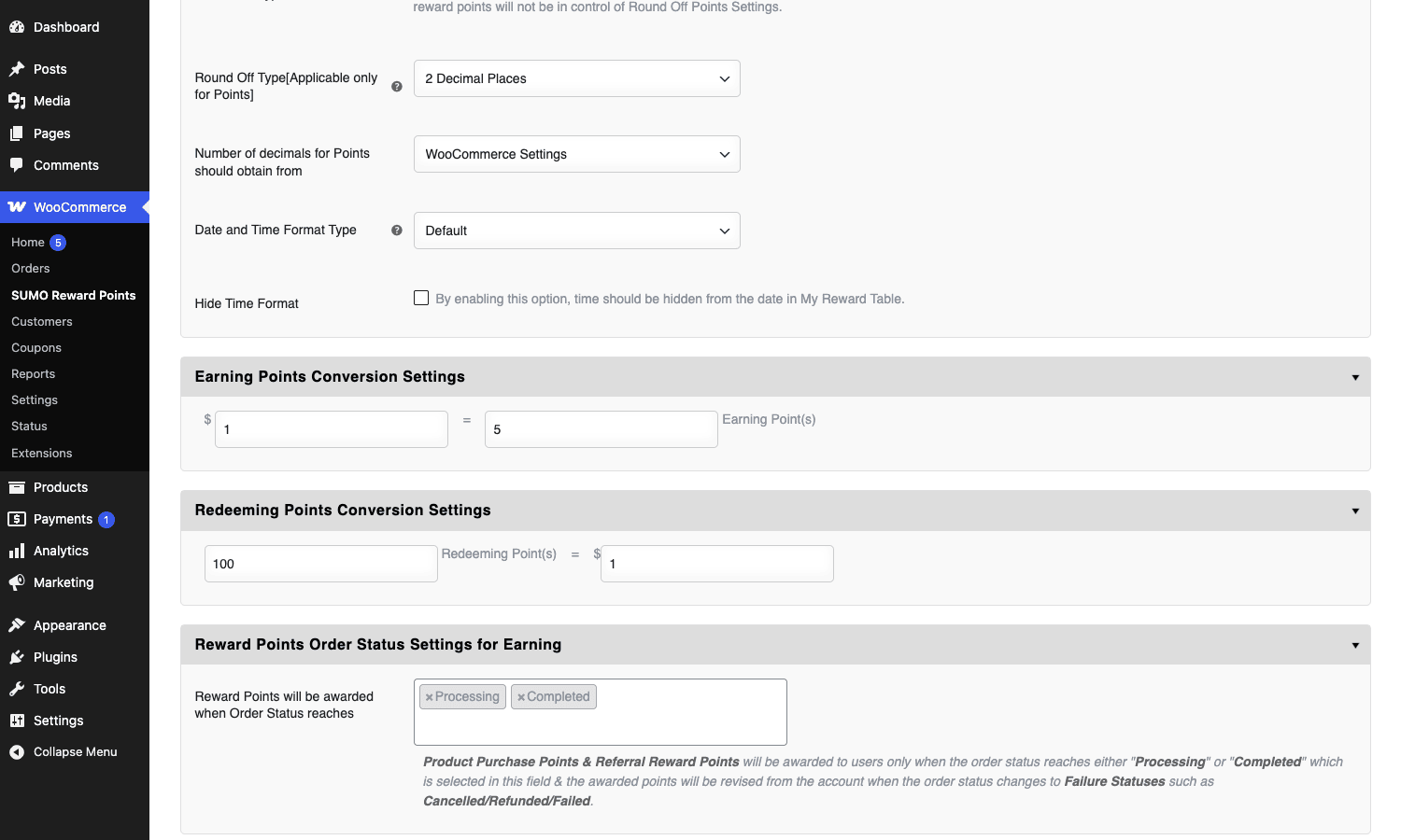 SUMO conversion ratios SUMO points-to-currency conversion settings, with earning at 1 USD = 5 points and redemption at 100 points = 1 USD