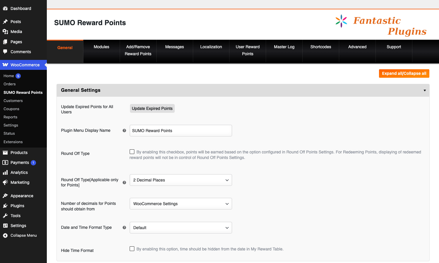 SUMO General settings SUMO Reward Points general settings tab in the WordPress admin