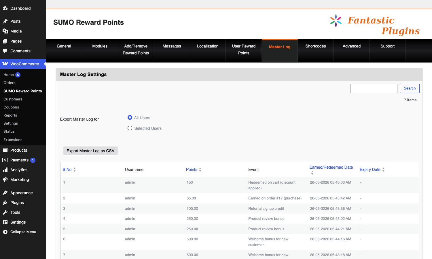 SUMO Master Log SUMO Reward Points Master Log of every point earning and redemption event