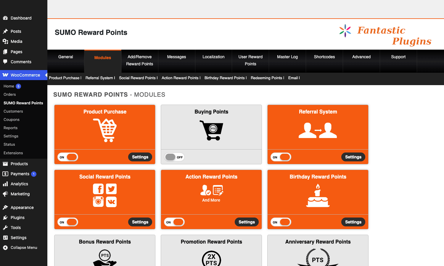 SUMO modules grid SUMO Reward Points modules grid in the WordPress admin