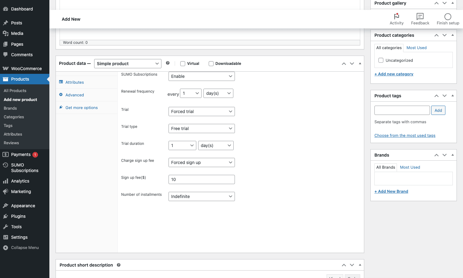 SUMO Subscriptions product data panel SUMO Subscriptions product configuration panel inside WooCommerce product data